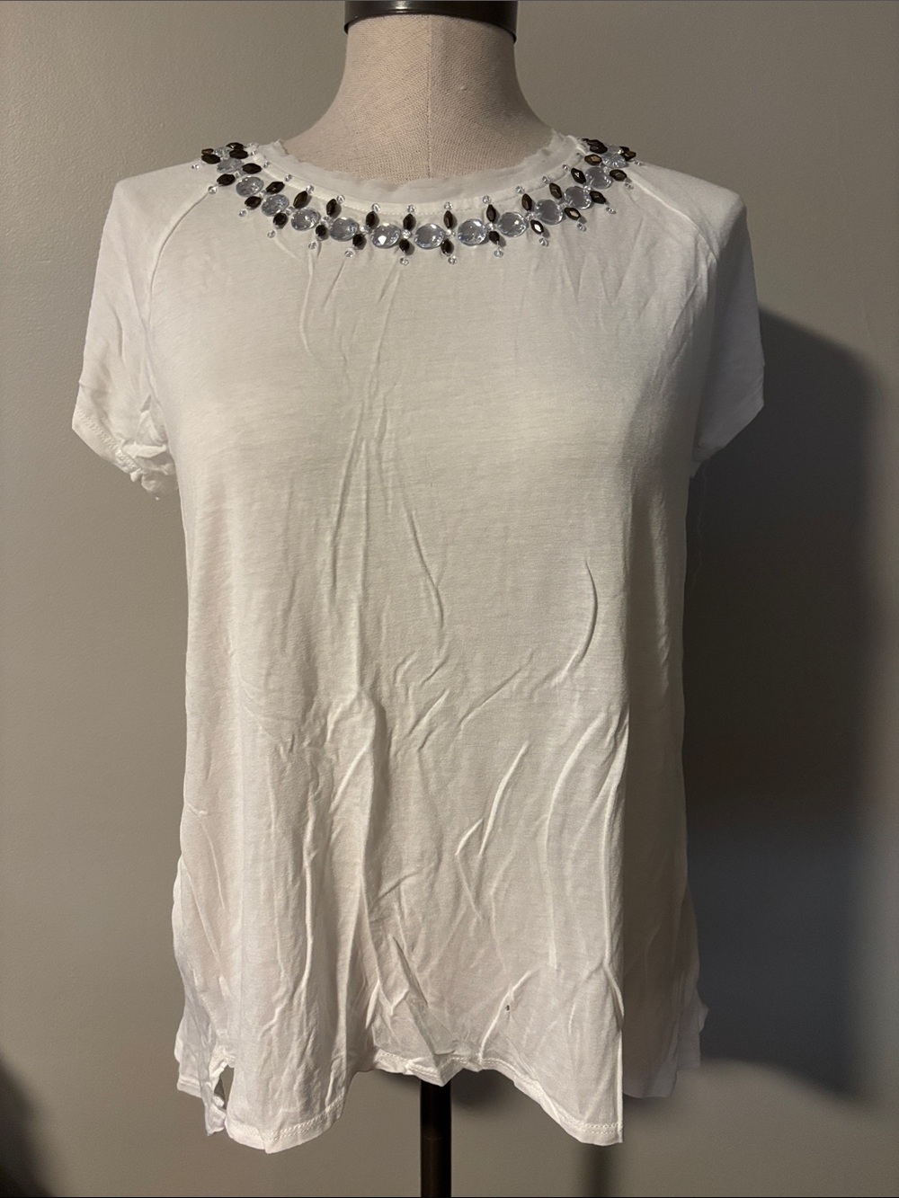 Lord & Taylor White Short-Sleeve Top with Jeweled Neckline hole button loses